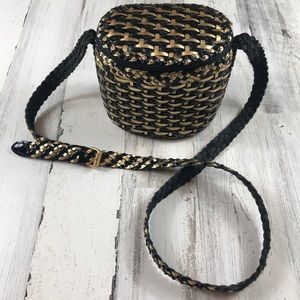 CEM Gold Black Woven Leather Crossbody Bucket Bag